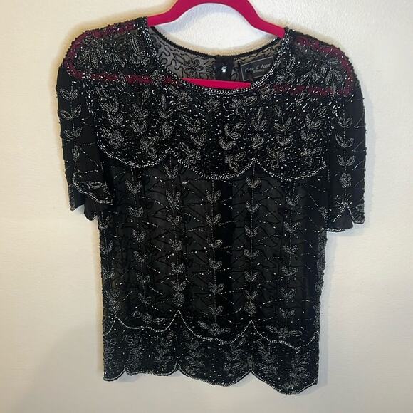 Cote D' Azur Evening Vintage Womens Beaded 100% Silk Sheer Blouse Large Black - Picture 1 of 10